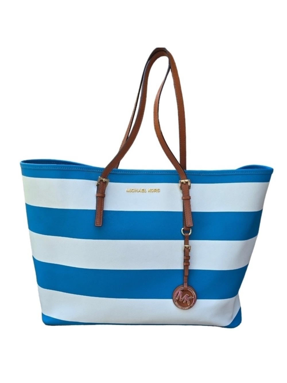 Michael Kors Blue/White Saffiano Leather Stripe Travel Tote Jet Set - Picture 2 of 12